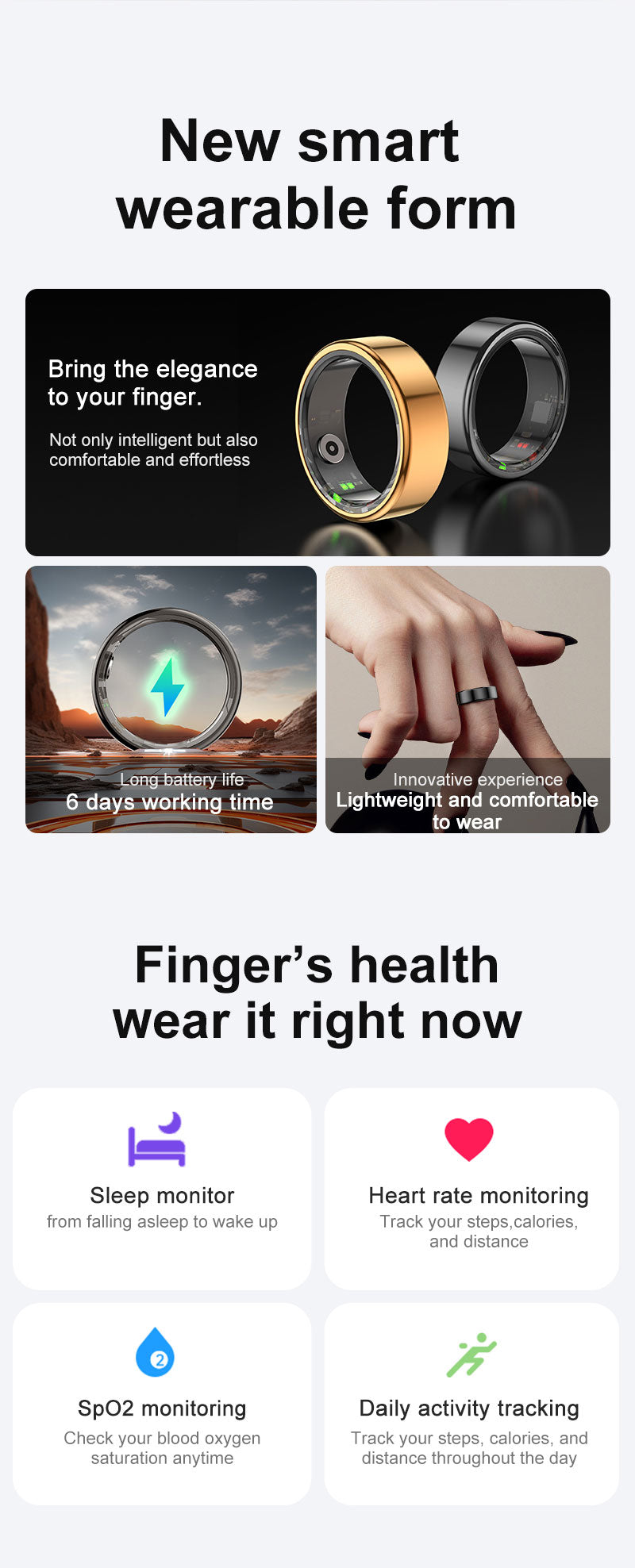Smart Unisex Ring Fitness Tracker with Gesture Sensing
