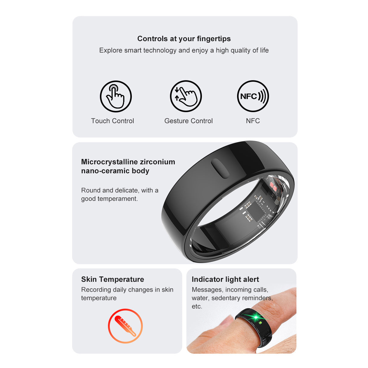 Smart Ring Notification Reminder Skin Temperature Monitor Touch NFC Health Tracker